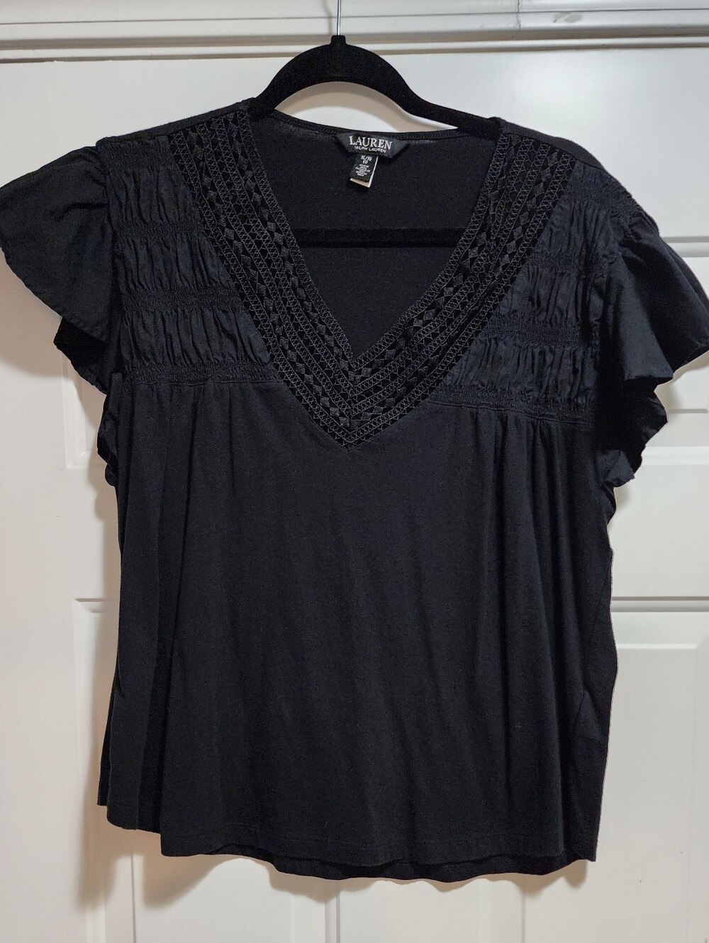 Lauren Ralph Lauren Black Lace V-Neck Flutter Sleeve Top Size XL